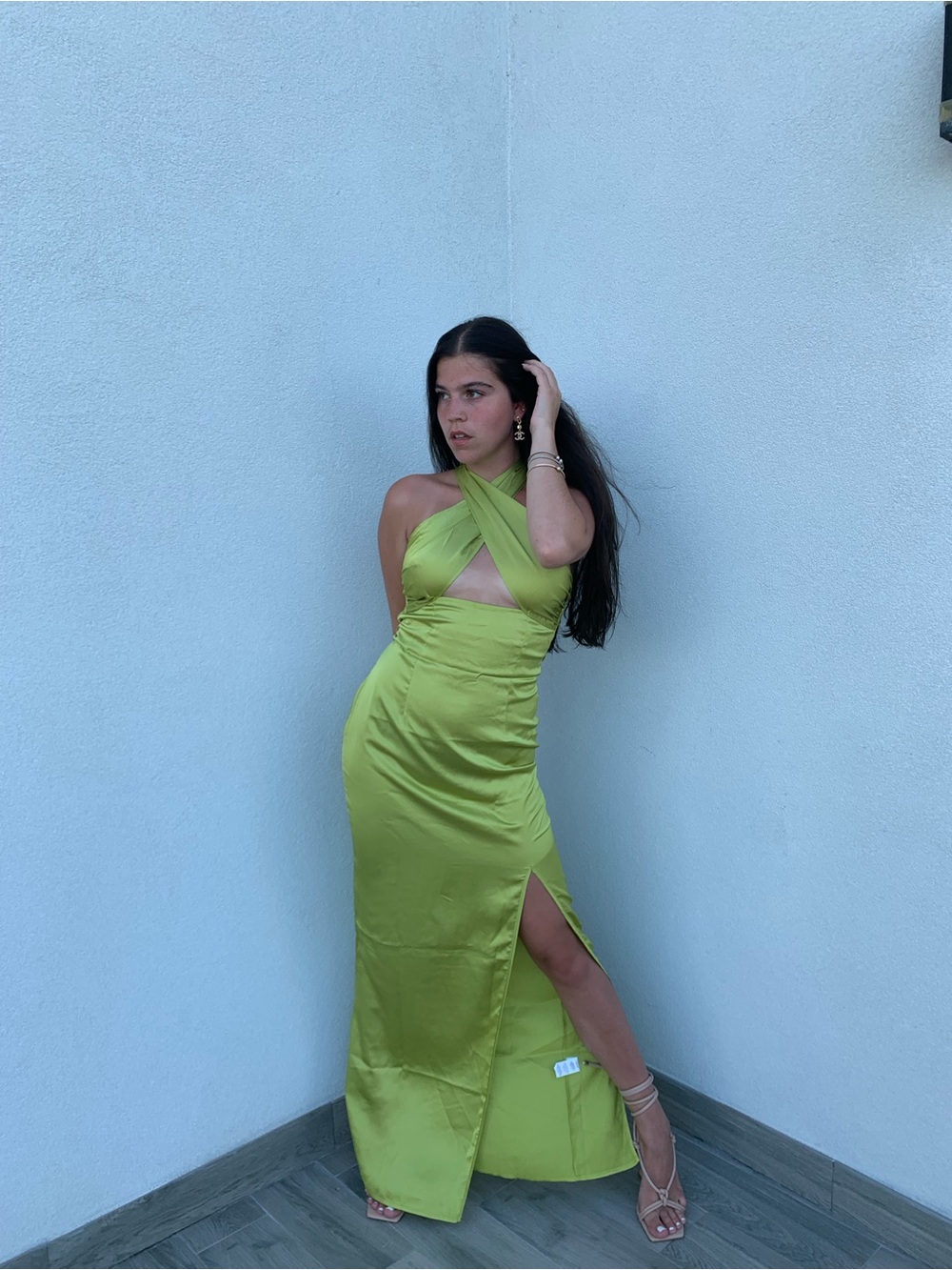PrettyLittleThing Lime Green Satin Cross-Halter Maxi Dress
